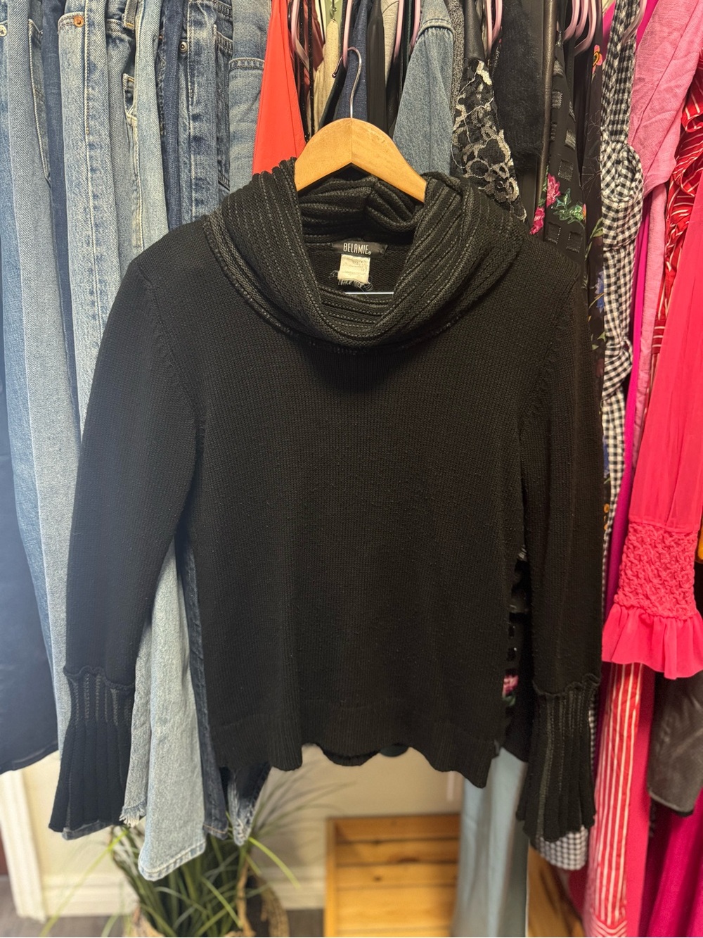 Belamie Black Cashmere Cowl Neck Sweater Flare Sleeve Knit Top